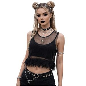 Black Mesh Feather Tank Top Medium NWT Sheer Layered Bralette Cami Y2K